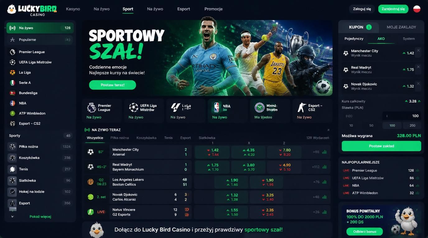oferta sportowa z wieloma ligami i esportem, kursy na boisku i w panelu