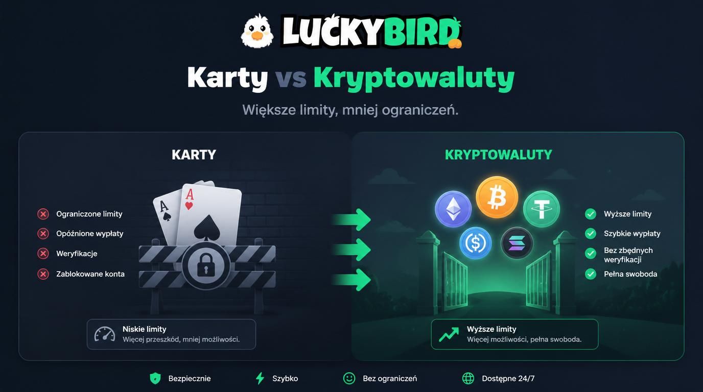 Ikony kryptowalut z wysokim limitem, blokada przy kartach, proporcjonalny wzrost limitów, uspokajające kolory w tle.