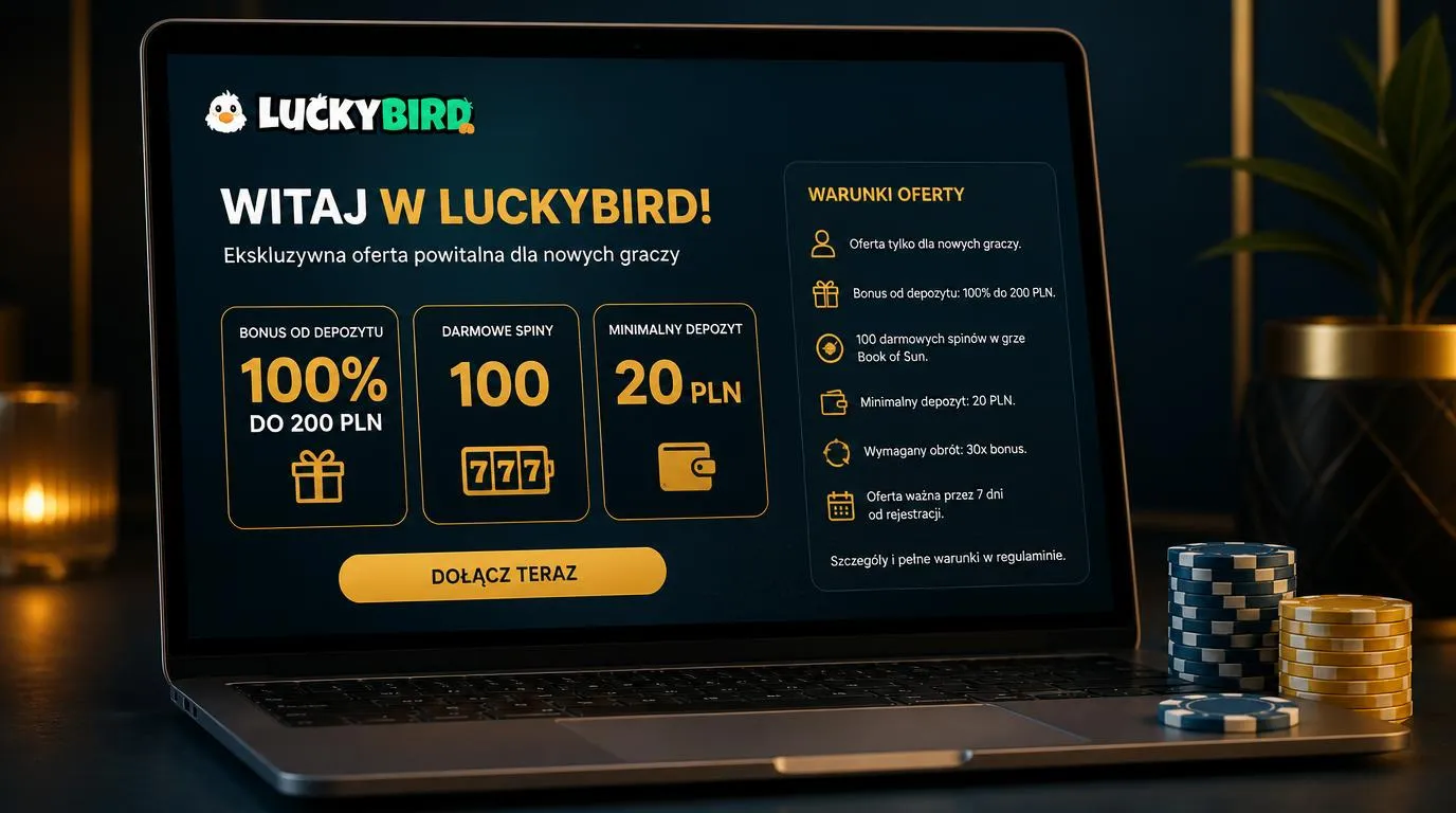 Ekran oferty powitalnej z bonusem 100% do 200 zł, 100 FS i minimalną wpłatą 20 PLN
